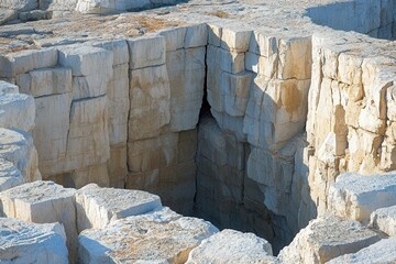 Poster - Striking Limestone Quarry Blocks in Harsh Sunlight Revealing Depth and Texture in a Geological Formation with Strong Shadows and Angular Shapes