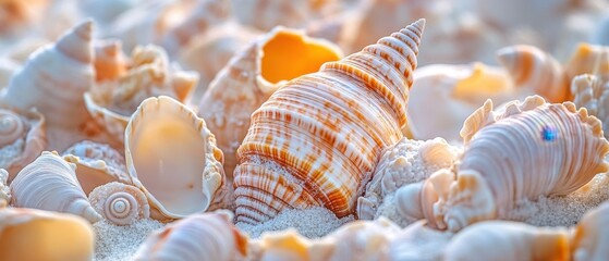 Poster - Captivating Seashells on Sandy Beach Awaits Discovery Close Up of a Spiraled Seashell with Warm Lighting and Soft Focus Peaceful Beach Scene