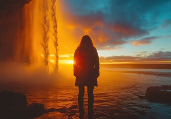 Poster - Breathtaking Silhouette of a Woman Standing Near a Waterfall Against a Stunning Sunset with Vibrant Colors and Misty Atmosphere