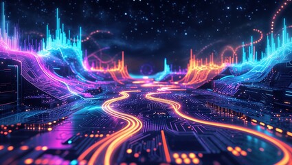 Poster - Abstract digital landscape with neon lights, circuit patterns, and glowing data streams