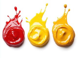 Aufkleber - Vibrant Trio of Ketchup Mustard and Honey Splashes on White Backdrop Capturing Culinary Condiments with Dynamic Fluidity and Artistic Composition for Food Photography