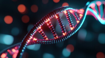 Poster - Close-up View of a Colorful DNA Double Helix Structure in a Futuristic Scientific Background