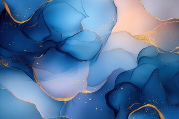 Poster - Elegant fluid art in shades of blue and gold creating a luxurious and serene abstract design with a modern aesthetic for creative projects