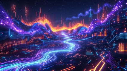Leinwandbilder - abstract digital landscape with neon lights, circuit patterns, and glowing data streams