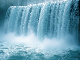 Poster - Captivating Cascade of a Turbulent Waterfall with Mist Rising Above a Serene Blue Pool in a Natural Landscape Setting