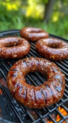Wall Mural - Grilled savory sausage rings sizzling on a barbecue grill with vibrant flames and a blurred green background capturing the essence of outdoor cooking