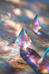 Poster - Colorful light refracting through crystal prisms on a textured surface in soft morning light