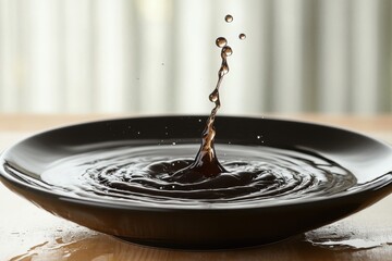 Poster - Captivating close up of liquid splash in dark plate creating dynamic ripple effect on wooden surface with soft light