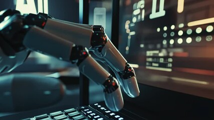 Poster - Robotic Dexterity: Close-up of a metallic robot hand precisely typing on a laptop, symbolizing automation and technological advancement