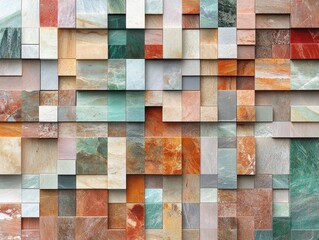 Poster - Abstract Architectural Mosaic with Textured Stone Blocks in Earth Tones and Geometric Design