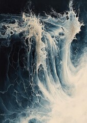 Poster - Dynamic Ocean Wave with Foam and Turbulence in Shades of Blue and White Captured in a Dramatic Abstract Style for Artistic Showcases and Design Projects