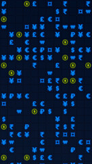Poster - Blue and yellow glowing currency symbols matrix on a grid, vertical composition. Financial background for graphic design.