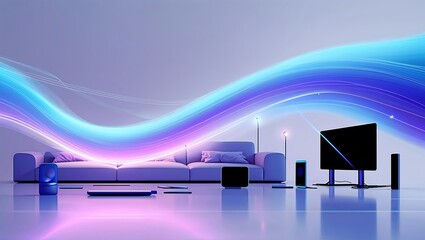 Poster - High-speed internet concept with glowing wave signals and connected smart devices