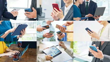 Poster - 様々なモバイルデバイスを使う人々のコラージュイメージ