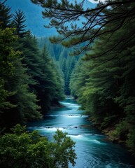 Poster - a flowing river meanders through a dense forest, creating a scenic view. The image features a stream of water and the green leaves of trees