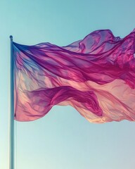 Poster - Translucent purple fabric flowing in the wind against a clear blue sky creating a dreamy ethereal atmosphere and a sense of freedom