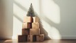 © Валерий Тодаренко - Christmas tree made from stacks of cardboard boxes, isolated with soft natural light, creative and minimalist, eco-friendly holiday decor