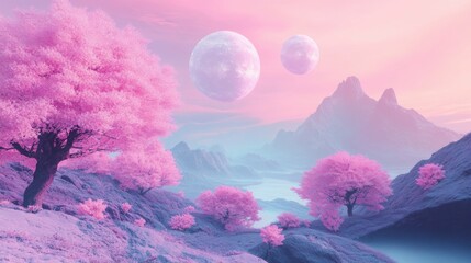 Wall Mural - colorful alien planet with twin moons, lush pink trees, ethereal glow in the sky, soft pastel landsc