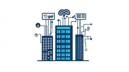 Poster - Connected office building, modern technology, smart city, graphic design