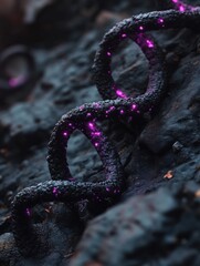Poster - Luminous strand on dark rock surface with vibrant purple light accents in a close up macro shot