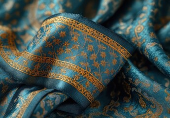 Poster - Luxurious Blue Silk Fabric with Intricate Gold Patterned Design Perfect for Fashion, Textiles, Home Decor, and Crafting Projects