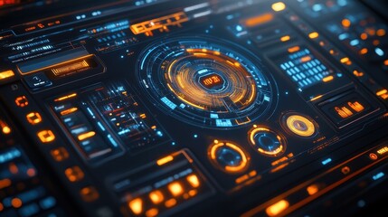 Futuristic digital interface display, glowing orange and blue, dark background, tech concept