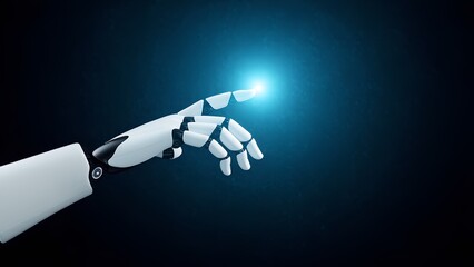 Poster - Robot finger touching light source futuristic setting digital art dark background close-up view innovation concept