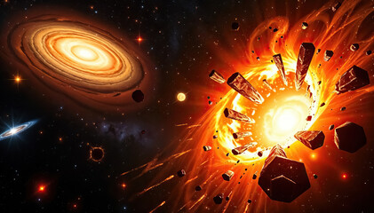 Aufkleber - Dramatic cosmic event featuring supernova explosion with scattered debris and distant galaxy view