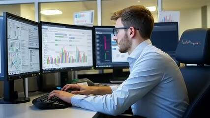 Focused young male programmer working at multiple computer screens.