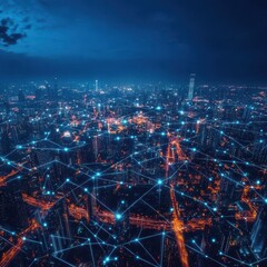 Poster - Nighttime Cityscape with Network Connections Highlighting Urban Technology and Connectivity Innovations