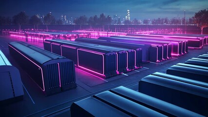 Poster - Digital Data Hub: An awe-inspiring, futuristic panorama of a data center pulsating with neon lights under the twilight sky. Envision an expanse of server racks radiating energy