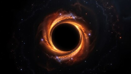 Poster - artistic rendering of black hole surrounded by swirling accretion disk in vast expanse of space