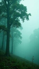  Towering dark green tree silhouettes against a foggy backdrop , ecology, photo, environment