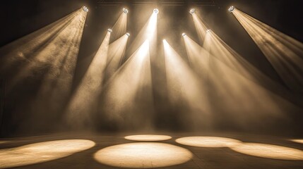 Poster - Theater lights arranged in a circular pattern, shining down onto an empty stage with a soft haze.