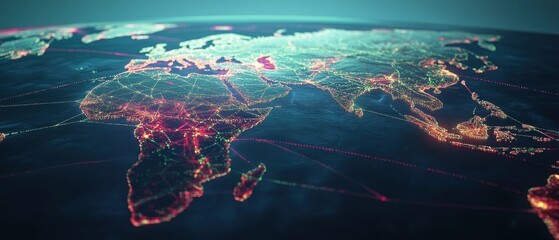 Poster - Digital world map with glowing connections showcasing global network communication and data transfer in a futuristic and vibrant style