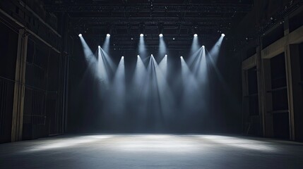 Poster - Theatrical floodlights shining onto an empty performance space, highlighting subtle textures in the background.