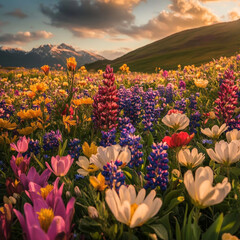 Wall Mural - vibrant landscape filled with colorful wildflowers under sunset sky