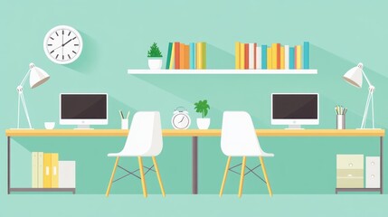 Poster - Modern office workspace with two desks and bookshelves.  Possible use for commercial or residential design inspiration