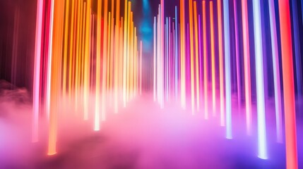 Poster - Colorful lighting rigs arranged symmetrically, projecting beams onto a stage covered in light mist.