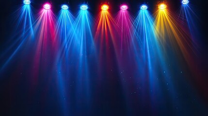 Poster - Concert lighting with intersecting beams of blue, red, and yellow, radiating energy and motion.
