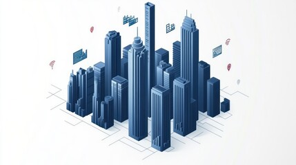 Poster - Futuristic city isometric illustration with data overlay