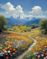 Wall Mural - vibrant landscape with colorful flowers, mountains, and clear sky