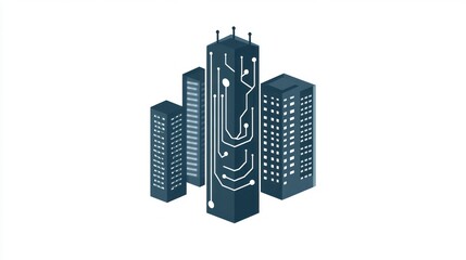 Poster - Isometric city buildings with circuits, futuristic urban background, for technology concept, or modern city planning