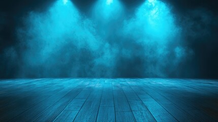 Poster - Moody blue and teal stage lighting reflecting off polished floors, with mist adding depth and atmosphere.