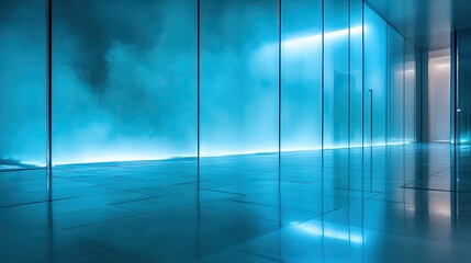 Poster - Moody blue and teal stage lighting reflecting off polished floors, with mist adding depth and atmosphere.