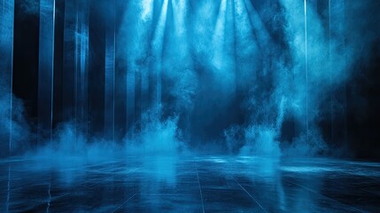 Poster - Moody blue and teal stage lighting reflecting off polished floors, with mist adding depth and atmosphere.