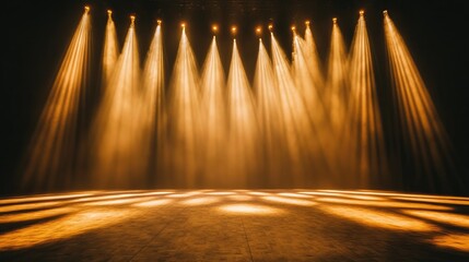Poster - Rows of warm spotlights arranged in a symmetrical pattern, shining onto a dark stage floor.