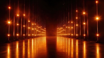 Poster - Rows of warm spotlights arranged in a symmetrical pattern, shining onto a dark stage floor.