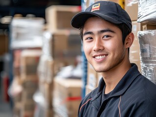 Poster - Portrait young asian delivery man inside a storage depot warehouse facility packed parcels to be shipped in Soft Lighting