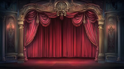 Poster - Soft stage lighting highlighting the deep red of luxurious theater curtains in a classic venue.